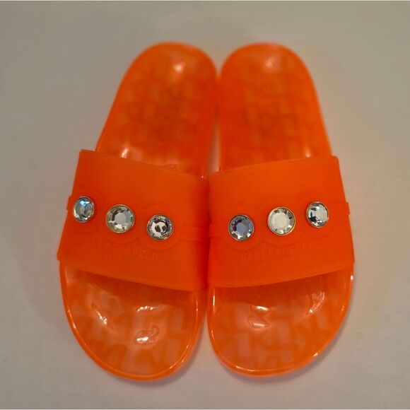 BRAND NEW KARL LAGERFELD TEAL SLIDE with CRYSTAL DETAILS SANDAL R3 - Picture 3 of 15